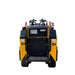 A compact yellow and black Paddock™ Tracked Mini Loader Pro, viewed from the rear, features dual control levers, visible warning labels, and clearly marked HYD and FUEL compartments. The standing platform has a textured surface, highlighting the essential construction equipment features of this 58hp Yanmar 4cyl Turbo Diesel Engine model from Paddock.