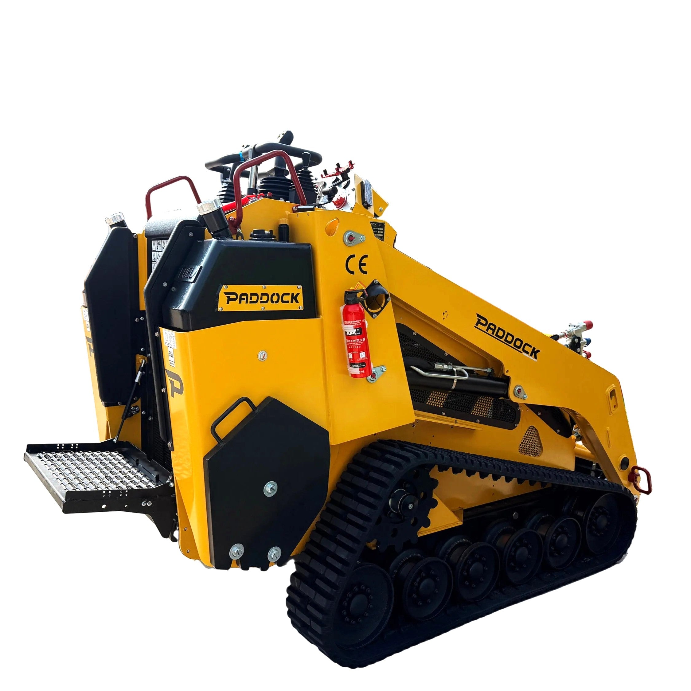 The Paddock™ Tracked Mini Loader Pro, featuring a powerful 58hp Yanmar 4-cylinder turbo diesel engine, is equipped with black rubber tracks, a control panel, safety rails, and a mounted fire extinguisher. Photographed against a white background, this yellow Paddock mini loader highlights its robust yet compact design—ideal for demanding construction worksites.