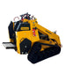 The Paddock™ Tracked Mini Loader Pro, featuring a powerful 58hp Yanmar 4-cylinder turbo diesel engine, is equipped with black rubber tracks, a control panel, safety rails, and a mounted fire extinguisher. Photographed against a white background, this yellow Paddock mini loader highlights its robust yet compact design—ideal for demanding construction worksites.