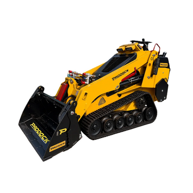 A yellow Paddock™ Tracked Mini Loader Elite featuring black rubber tracks and a front bucket attachment is ideal for construction and landscaping tasks. Powered by a 58hp Yanmar 2.1L 4-cylinder CRDi turbo diesel engine, this compact loader delivers exceptional power and efficiency on any job site.