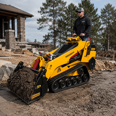 A person operates a yellow Paddock™ Tracked Mini Loader Elite, powered by a 58hp Yanmar 2.1L 4-cylinder CRDi Turbo Diesel Engine, moving dirt at a construction site with rocks, soil, and trees in the background.