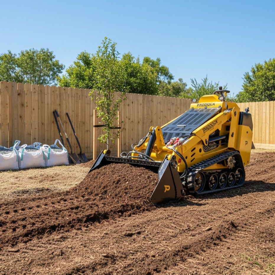 A Paddock Tracked Mini Loader (35hp Kubota Diesel Engine) with free 4in1 bucket spreads soil in a backyard near a wooden fence, shovels and large white material bags visible in the sunny background.