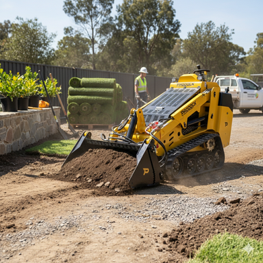 A Paddock Tracked Mini Loader (35hp Kubota diesel, free 4in1 bucket) moves dirt on a landscaping site. In the background, workers in safety vests stand by turf rolls and a white utility vehicle.