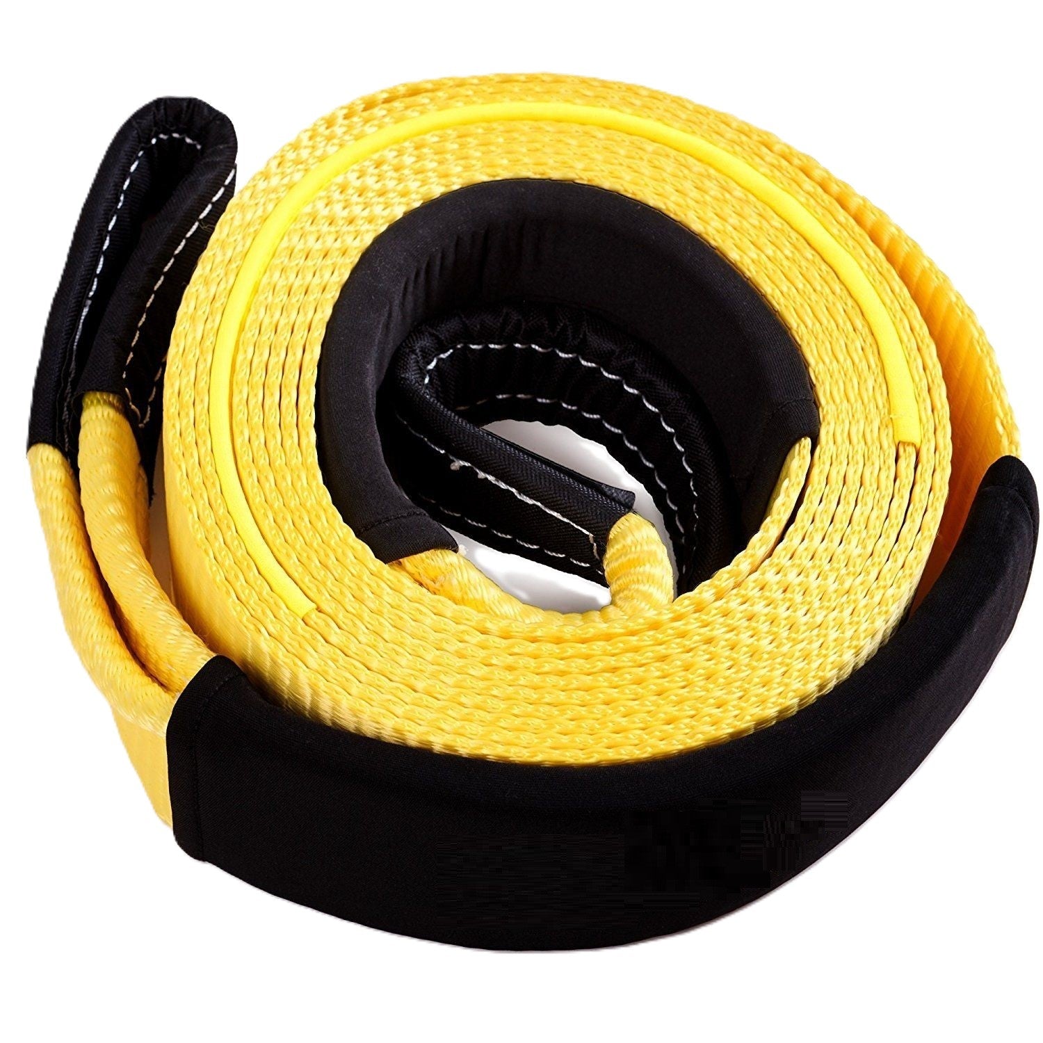 Coiled yellow Sherpa 4x4 Winch Extension / Tow Straps 75mm - 15,900KG (35,500lb) with reinforced black stitched eyelets.