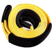 Coiled yellow Sherpa 4x4 Winch Extension / Tow Straps 75mm - 15,900KG (35,500lb) with reinforced black stitched eyelets.