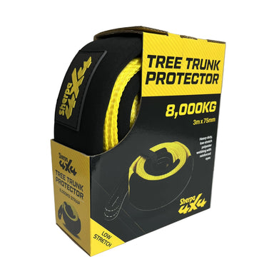 The Sherpa 4x4 Tree Trunk Protector 75mm x 3m – 8000KG comes boxed in black and yellow packaging with product details and a strap image on the front, making it an essential accessory for vehicle recovery.