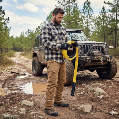 A man in outdoor gear stands on a muddy trail, holding the Sherpa 4x4 Tree Trunk Protector 75mm x 3m – 8000KG (17,600lb), with a muddy off-road vehicle behind him among pine trees in the forest.