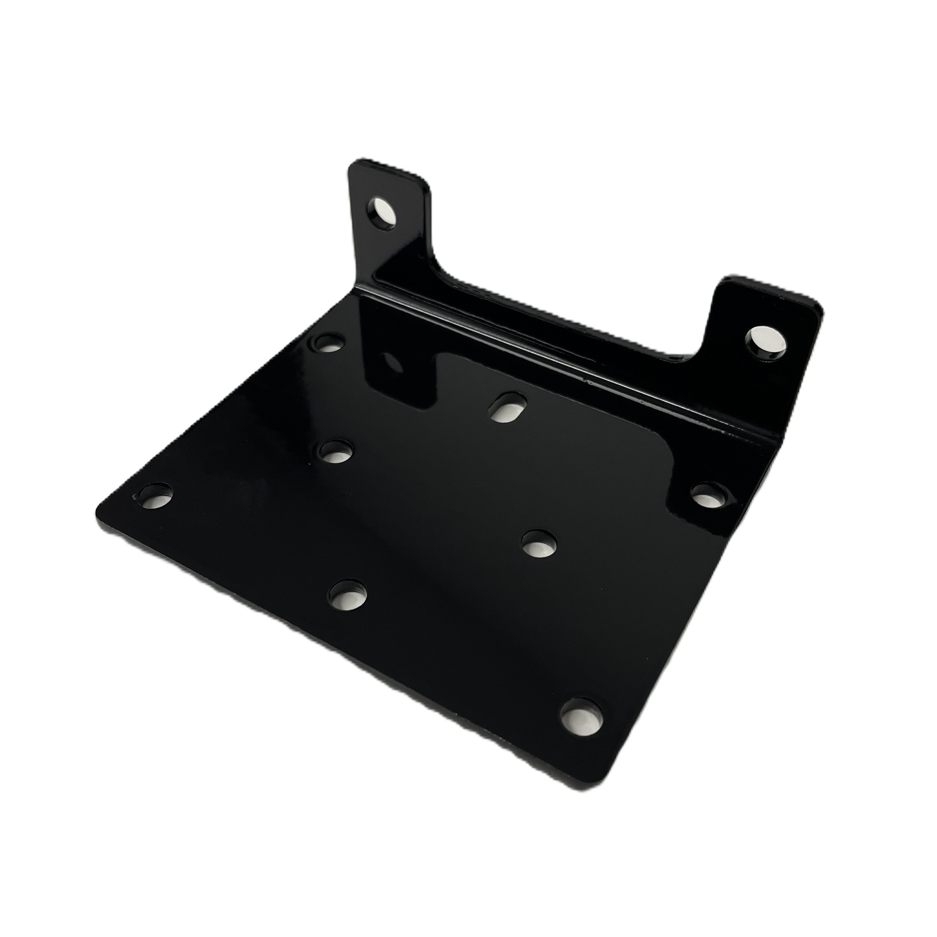 The Sherpa 4x4 Winch Mounting Plate by Sherpa 4x4 is a black metal plate with a right-angle bend and multiple mounting holes on both flat surfaces, perfect for custom winch fitting or use in Sherpa 4x4 applications.