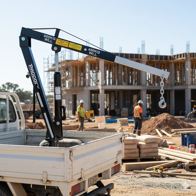 A Scintex Paddock Ute Crane is mounted on a white utility truck at a construction site, with workers, a partially built multi-story building, and scattered construction materials and tools in the background.