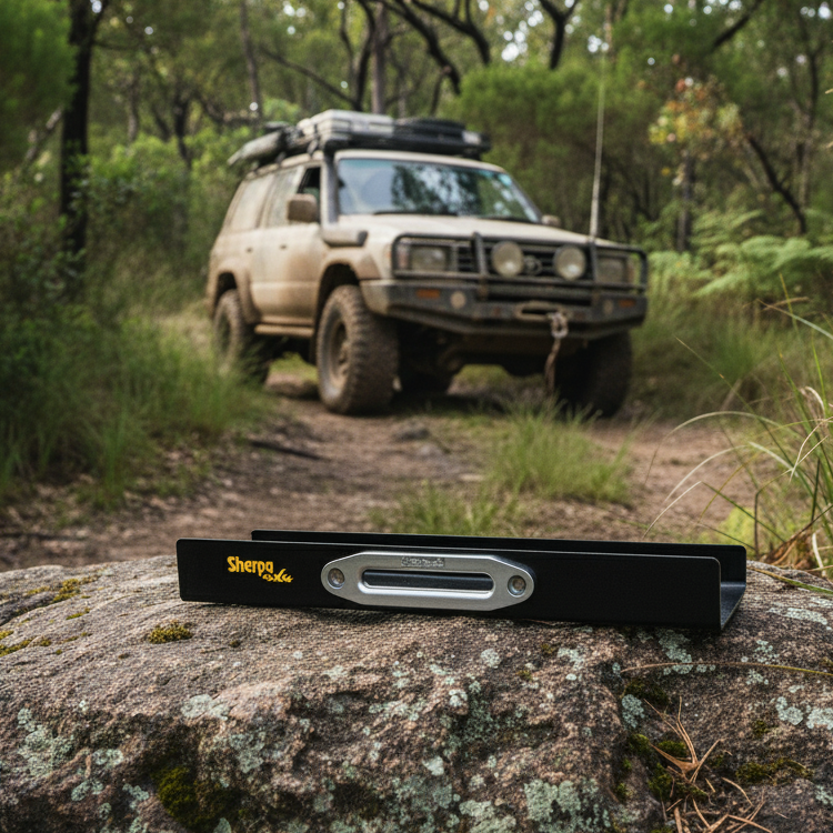 A Sherpa 4x4 Winch Mounting Plate sits on a rock in the foreground, while an off-road vehicle is parked on a dirt trail amid trees in the background.