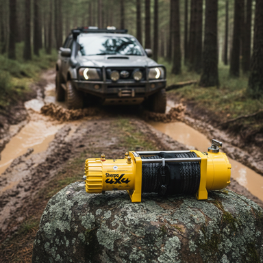 A Sherpa 4x4 'The Brumby' 10,000Lb High Speed Winch sits on a rock in front, while a muddy off-road vehicle drives through a forest trail and deep puddle in the background.