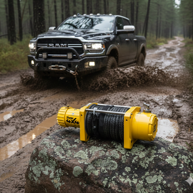 A muddy off-road truck powers through a wet forest trail, while a Sherpa 4x4 ‘The Steed’ 17000Lb Winch rests on a mossy rock in the foreground.