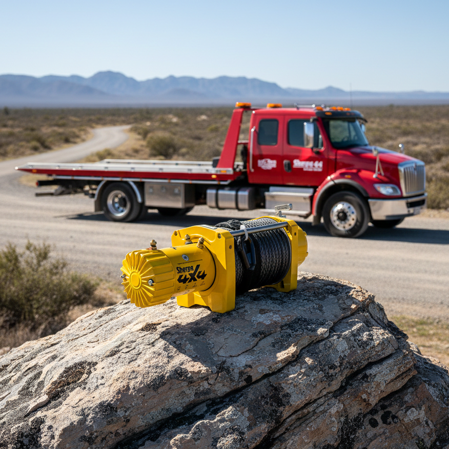 A Sherpa 4x4 Tow Truck with a 20,000Lb winch sits on a dirt road in the desert, with mountains in the background and a yellow electric winch featured prominently in the foreground.