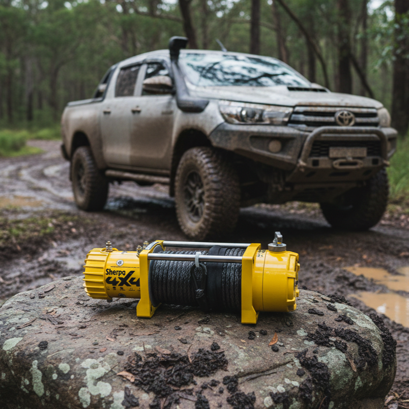 A Sherpa 4x4 'The Mustang' 9,500Lb Winch rests on a rock in the foreground, while a muddy off-road Toyota pickup truck is parked on a forest trail behind it.