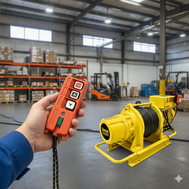 Someone uses the Sherpa 4x4 240/415V Winch Wireless Kit to operate a yellow industrial winch in a spacious warehouse filled with shelves, boxes, and forklifts.