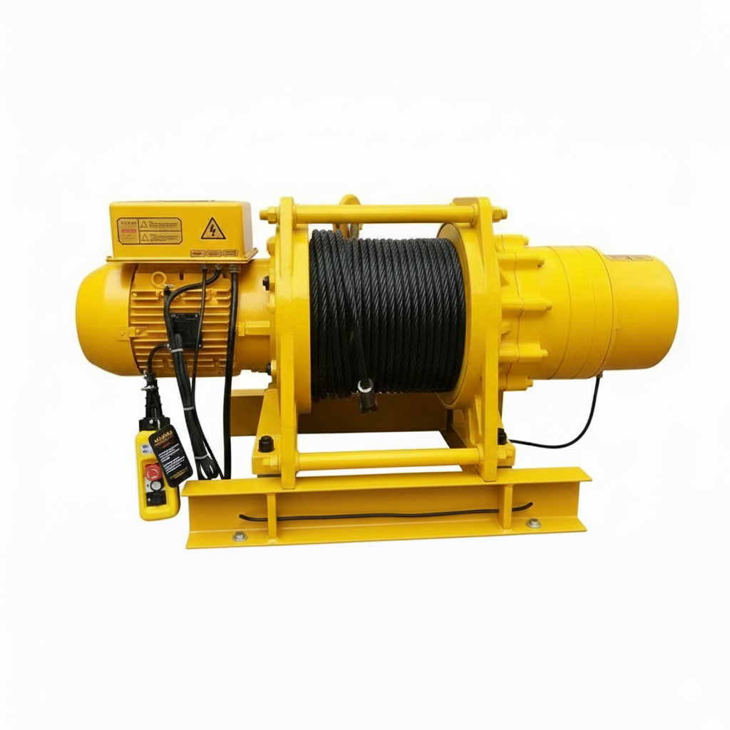 The Sherpa 4x4 3-Phase Electric Motor Winch is yellow, features a black cable on the drum, is mounted on a metal base, and includes a wired control pendant.