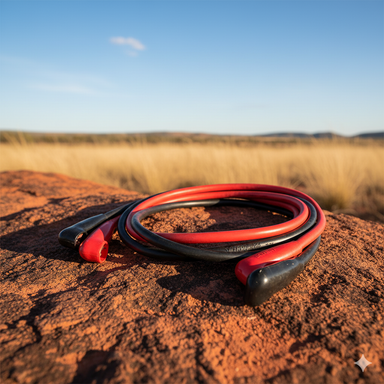 A Sherpa 4x4 Battery Cable Set in red and black is coiled on a sunlit rock, with tall dry grass and distant hills under a clear blue sky.