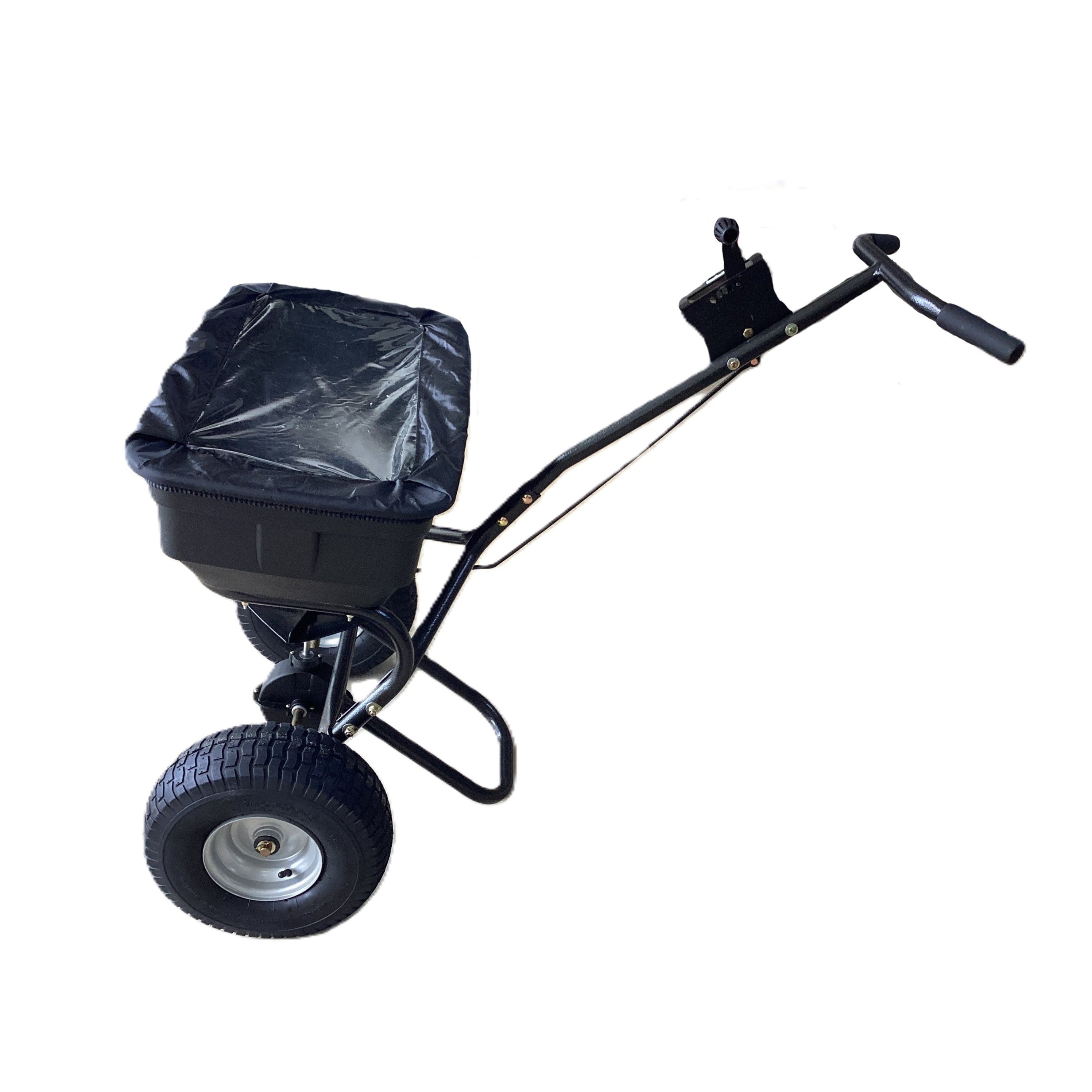 The Paddock Fertiliser & Seed Spreader by Paddock is a black, three-wheeled walk-behind unit with a large rectangular hopper, handlebar, and durable tires—perfect for spreading seed or fertiliser—shown against a white background.
