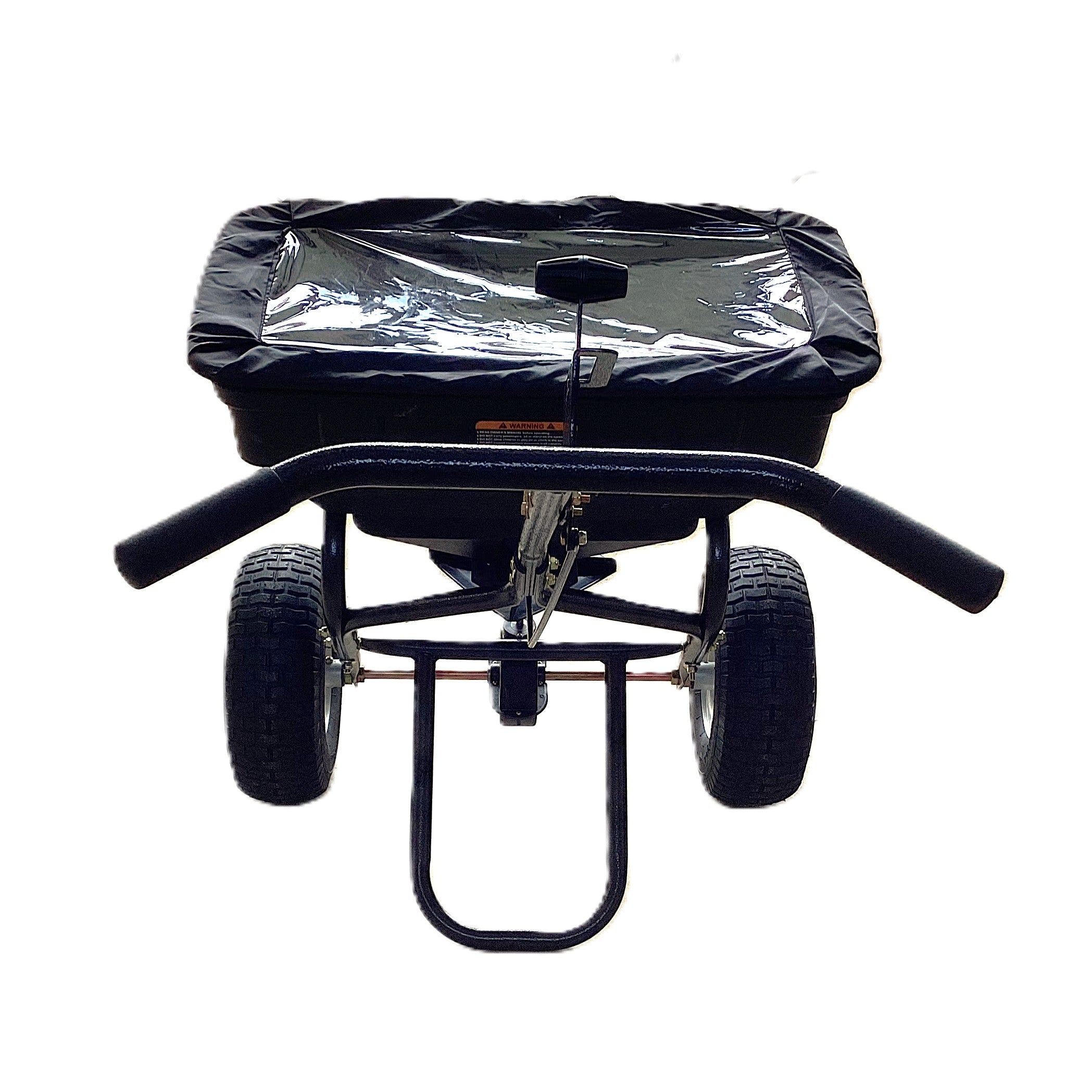 The Paddock Fertiliser & Seed Spreader by Paddock is a black walk-behind spreader with a plastic cover, large wheels, and a metal handlebar, shown from the front against a white background.