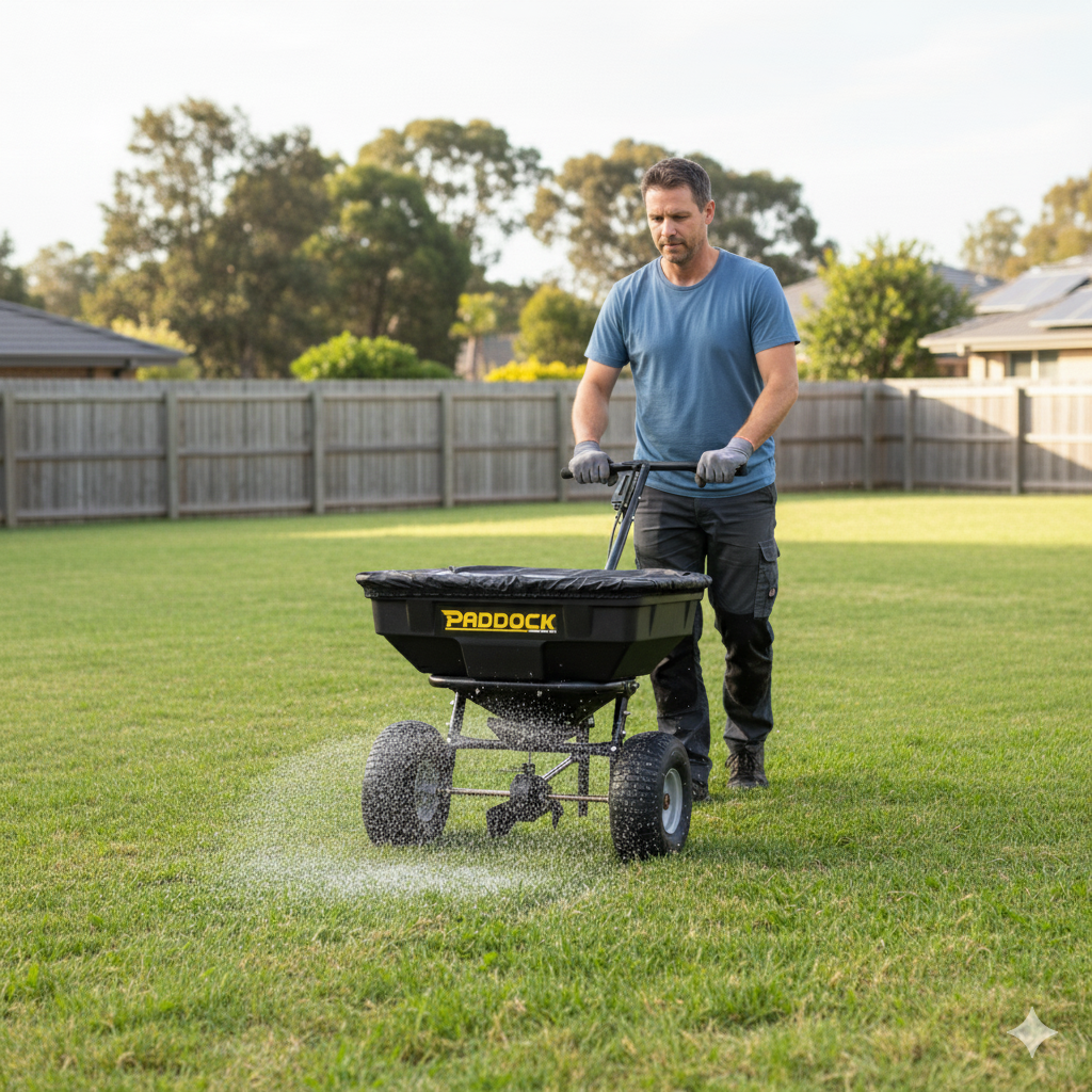 A man in gloves and a blue shirt uses the Paddock Fertiliser & Seed Spreader by Paddock to distribute material across a green suburban lawn bordered by wooden fencing.
