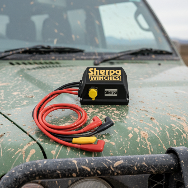 A Scintex Sherpa 4x4 Winch Control Box, with red and black cables, rests on the hood of a mud-splattered green vehicle outdoors, set against a backdrop of blurred scenery.