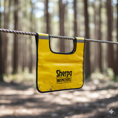 A Sherpa 4x4 Winch Safety Blanket, in yellow, is draped over a taut steel cable in a sunlit forest with tall trees and a blurred natural background.