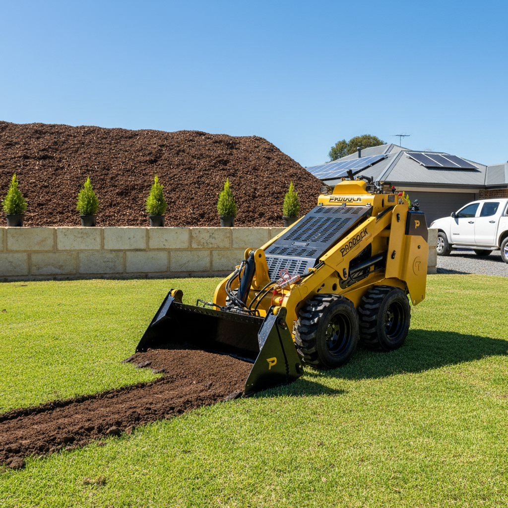 A Paddock Wheeled Mini Loader (35hp Kubota diesel, free 4in1 bucket) spreads soil on a mowed lawn in a landscaped yard with mulch pile, young trees, and a solar-paneled house in the background.
