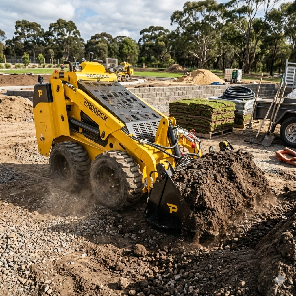 A Paddock Wheeled Mini Loader (35hp Kubota Diesel Engine) with Free 4in1 Bucket Bundle moves soil on a construction site, with dirt, gravel, stacked supplies, and trees in the background.