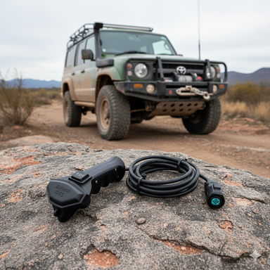 A Scintex Sherpa 4x4 Wired Winch Remote and air hose rest on a rock in rugged, dry terrain, with a black Sherpa 4x4 off-road vehicle parked on a dirt trail in the background amid bushes.