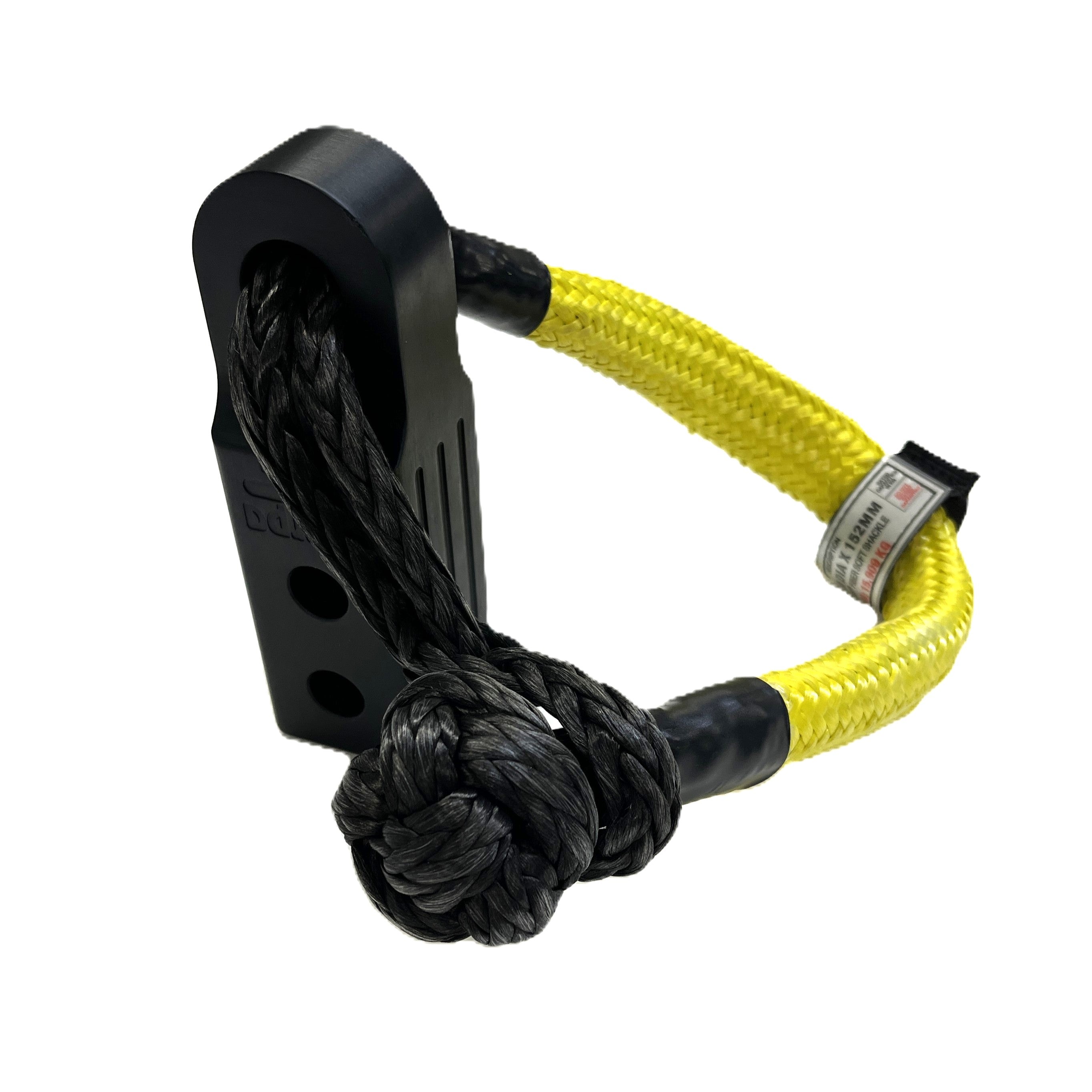 The Sherpa 4x4 Recovery Hitch & Soft Shackle Bundle by Sherpa 4x4 features a robust black hitch and yellow synthetic rope shackle with a knotted end and label—an essential accessory for 4x4 recoveries, shown on a white background.