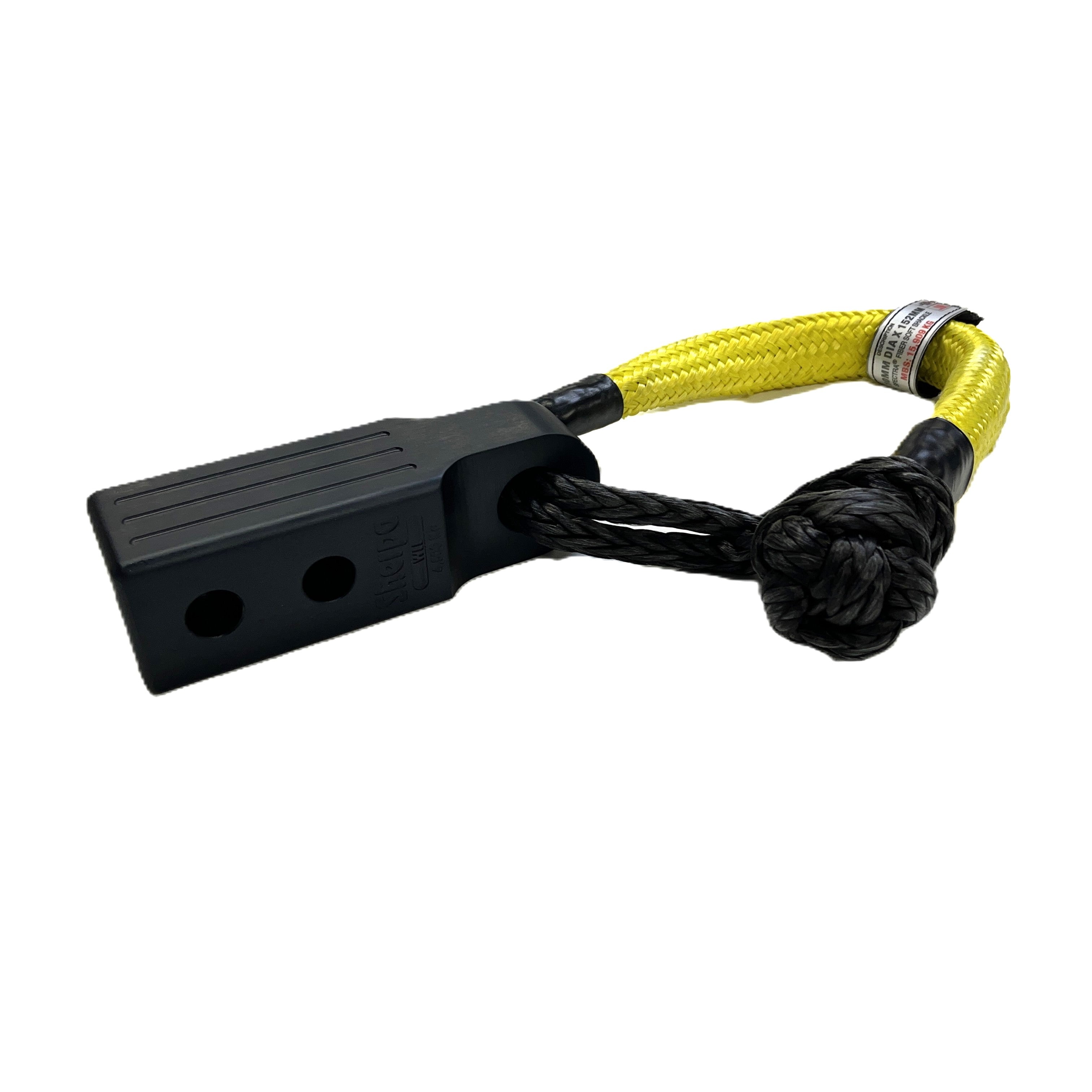 The Sherpa 4x4 Recovery Hitch & Soft Shackle Bundle by Sherpa 4x4 features a heavy-duty yellow synthetic rope and black hitch with two holes, ideal for vehicle towing or recovery—an essential 4x4 accessory, shown on a white background.