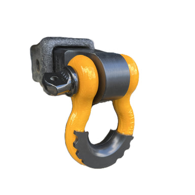 Sherpa 4x4 Recovery Shackle 4.7T (2pce set) by Sherpa 4x4, in yellow and black with textured grip, attached to a hitch mount; ideal for 4x4 off-road recovery, shown isolated on a white background.