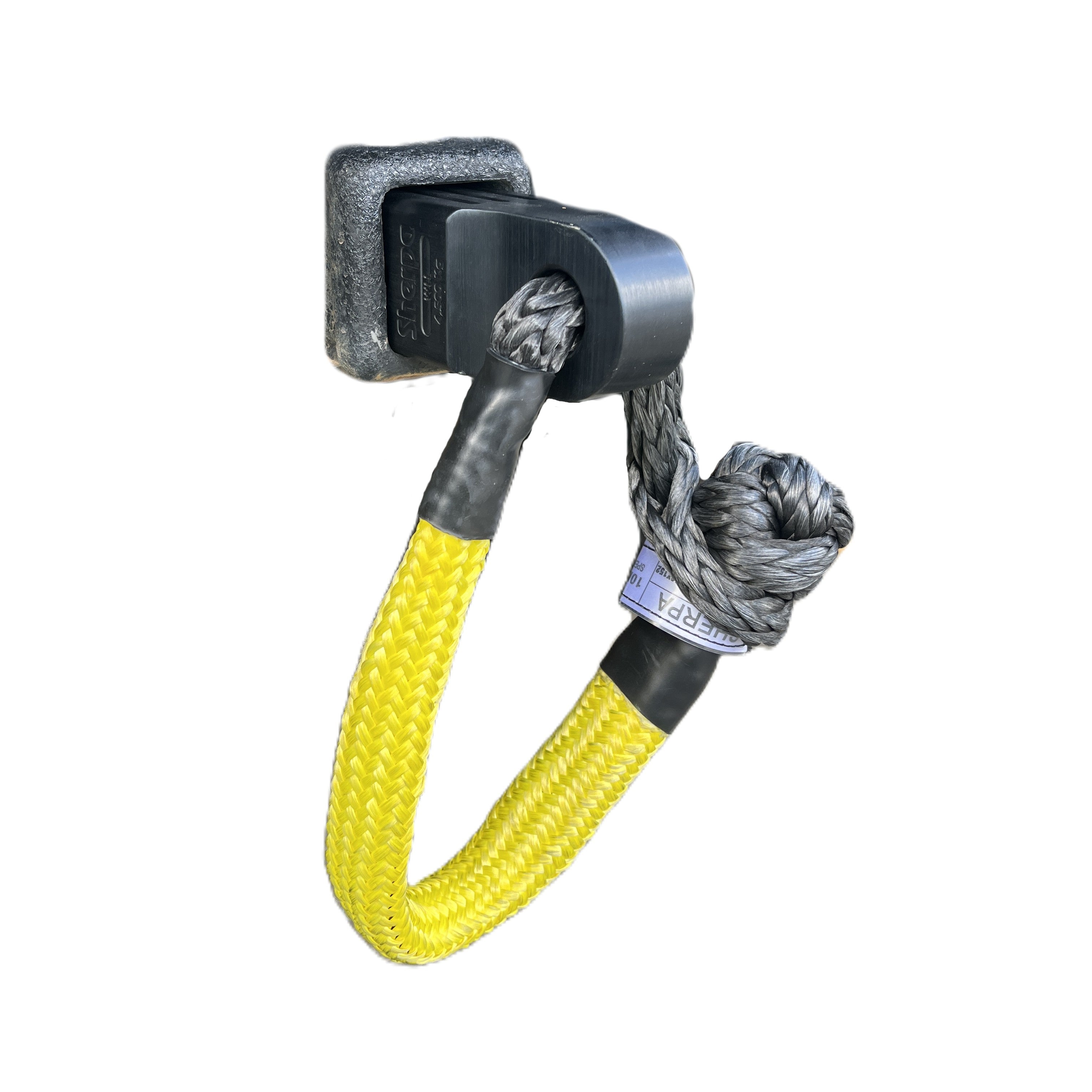 The Sherpa 4x4 Recovery Hitch & Soft Shackle Bundle by Sherpa 4x4 features a gray synthetic rope shackle with a yellow braided sleeve, secured through a black metal, square-based recovery hitch, isolated on a white background.