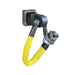 The Sherpa 4x4 Recovery Hitch & Soft Shackle Bundle by Sherpa 4x4 features a gray synthetic rope shackle with a yellow braided sleeve, secured through a black metal, square-based recovery hitch, isolated on a white background.