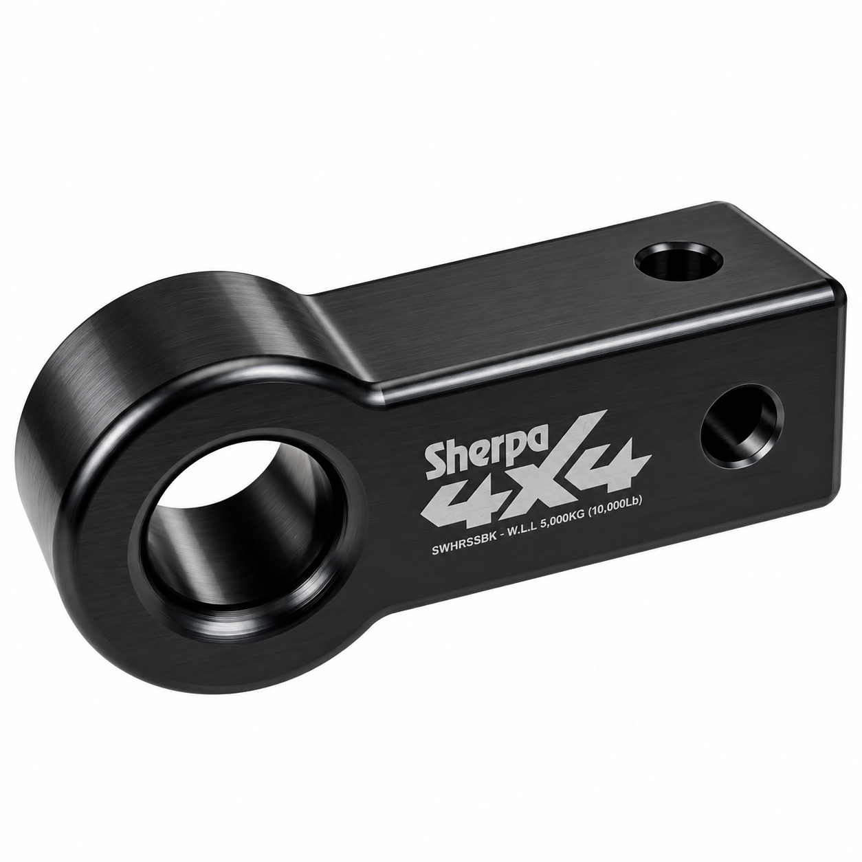 Black Sherpa 4x4 Alloy Soft Shackle Recovery Hitch made of aluminium, featuring a large rounded end and two mounting holes for 4x4 vehicle recovery.