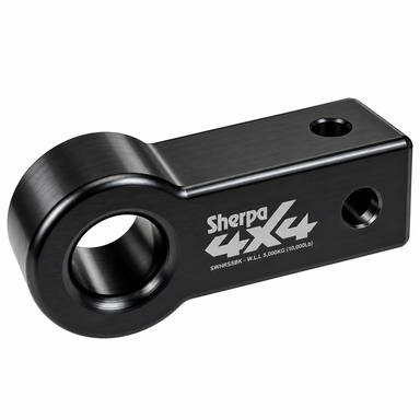 Black Sherpa 4x4 Alloy Soft Shackle Recovery Hitch made of aluminium, featuring a large rounded end and two mounting holes for 4x4 vehicle recovery.