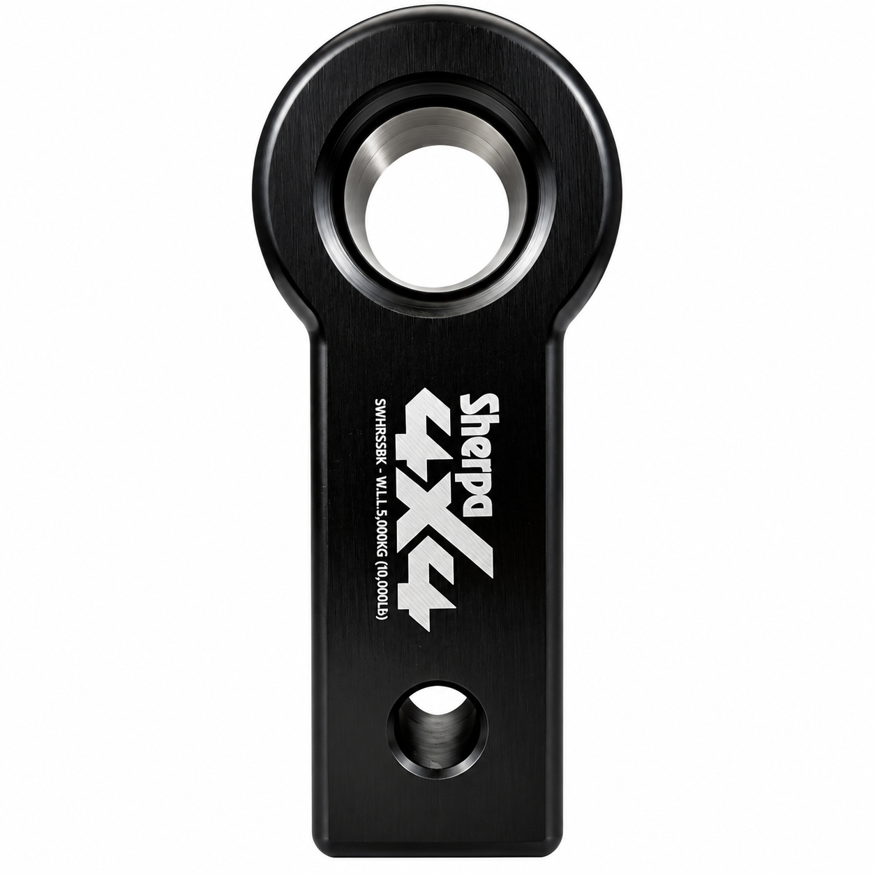 Black metal Sherpa 4x4 Alloy Soft Shackle Recovery Hitch featuring a circular top opening and a smaller hole at the base.