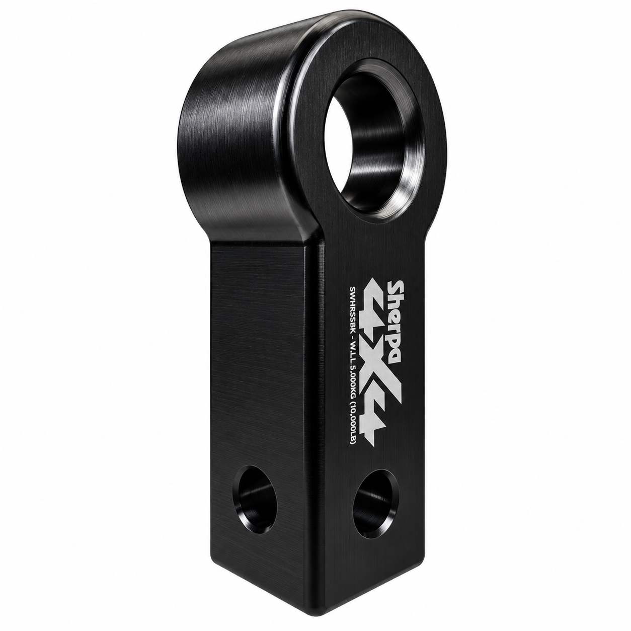 Black Sherpa 4x4 Alloy Soft Shackle Recovery Hitch featuring a large circular shackle mount at the top, a square receiver base, and labels indicating model information and a 5,000kg working load limit.