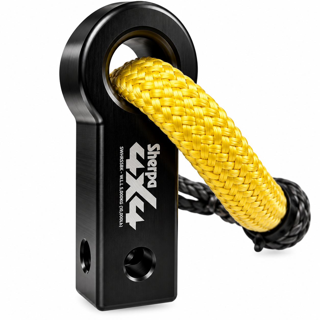Black aluminium Sherpa 4x4 Alloy Soft Shackle Recovery Hitch with a yellow soft shackle loop threaded through the top eyelet.