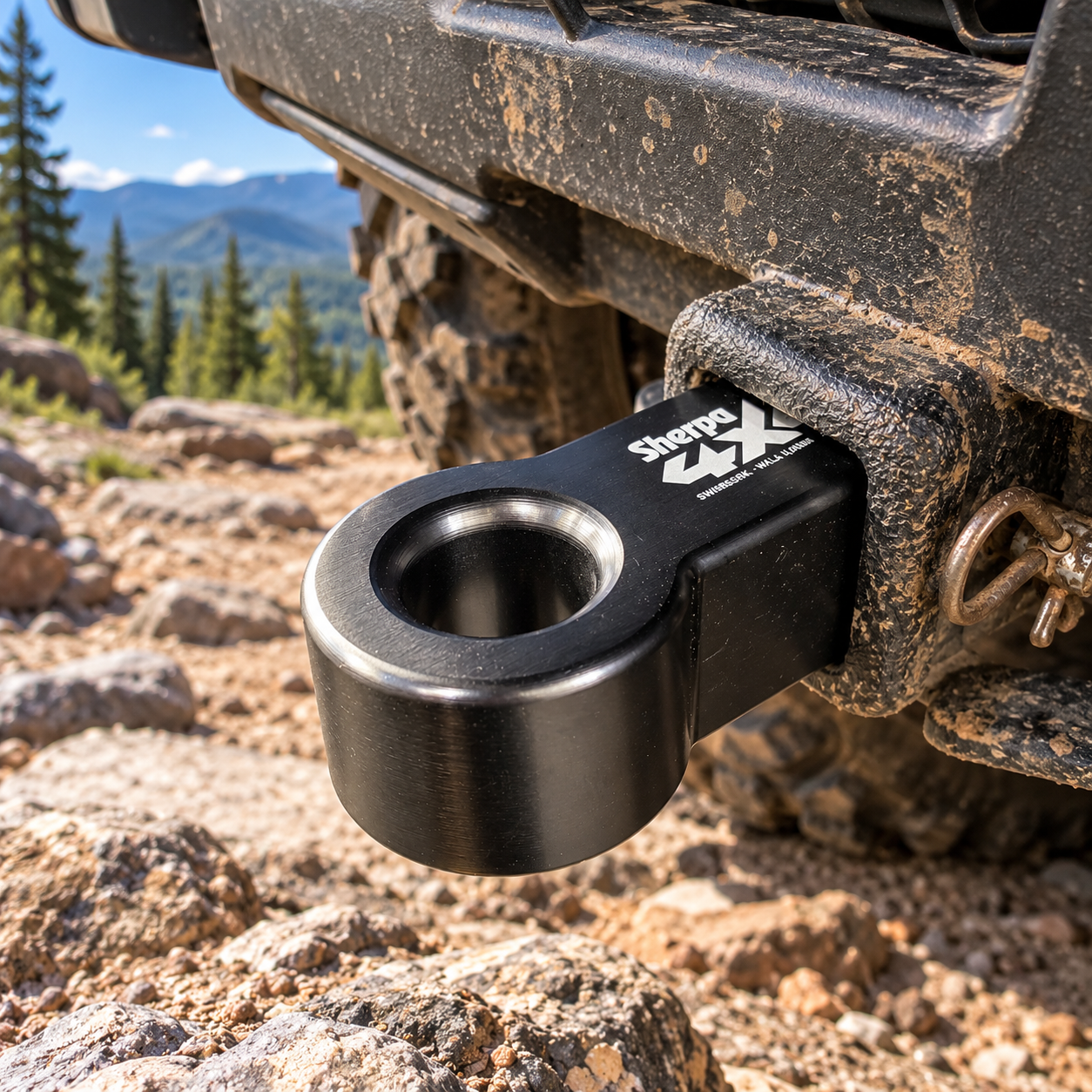 Black Sherpa 4x4 Alloy Soft Shackle Recovery Hitch mounted to the rear of an off-road vehicle as a 4x4 recovery point.