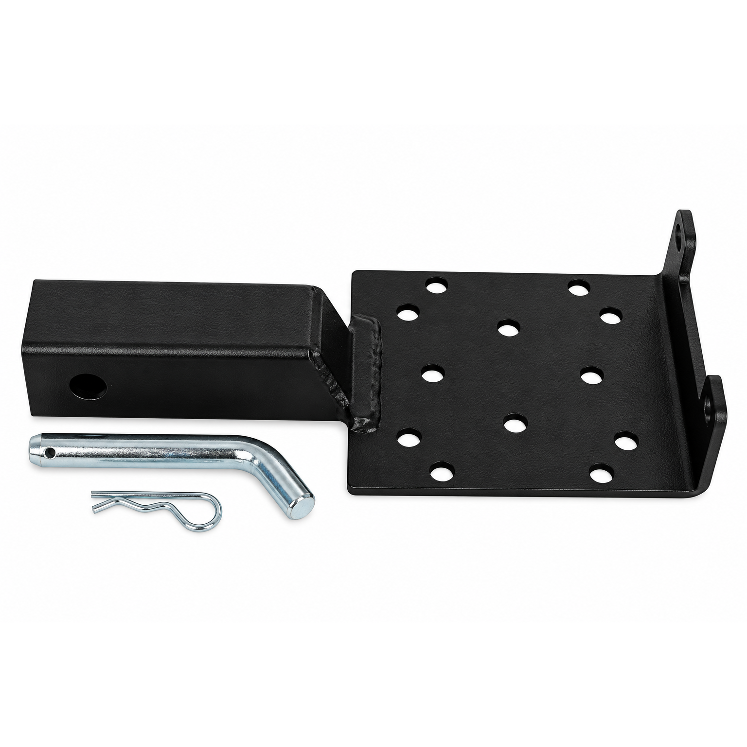 Sherpa 4x4 ATV Winch Hitch Mount, a heavy-duty steel mount with a flat plate featuring multiple mounting holes, accompanied by a hitch pin and clip.