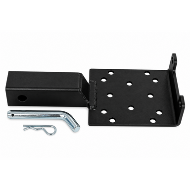 Sherpa 4x4 ATV Winch Hitch Mount, a heavy-duty steel mount with a flat plate featuring multiple mounting holes, accompanied by a hitch pin and clip.