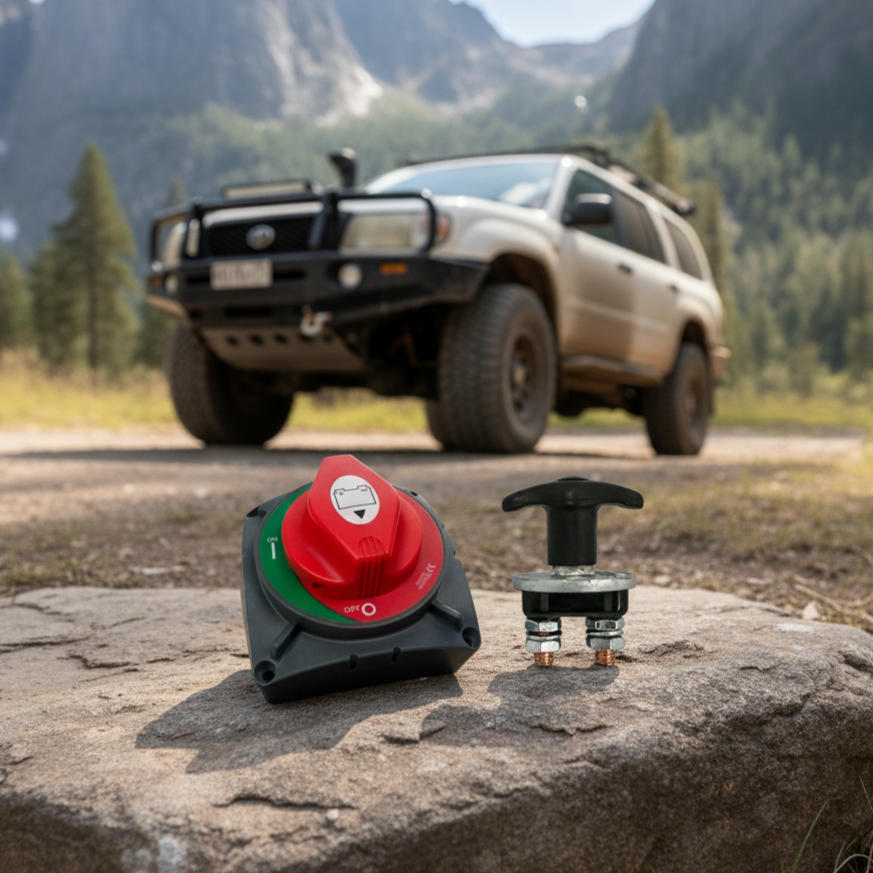 A Sherpa 4x4 Winch Isolation Switch and a metal switch sit on a rock with an off-road vehicle and trees blurred in the mountain background—ideal for upgrading your 4x4 with essential winch accessories.