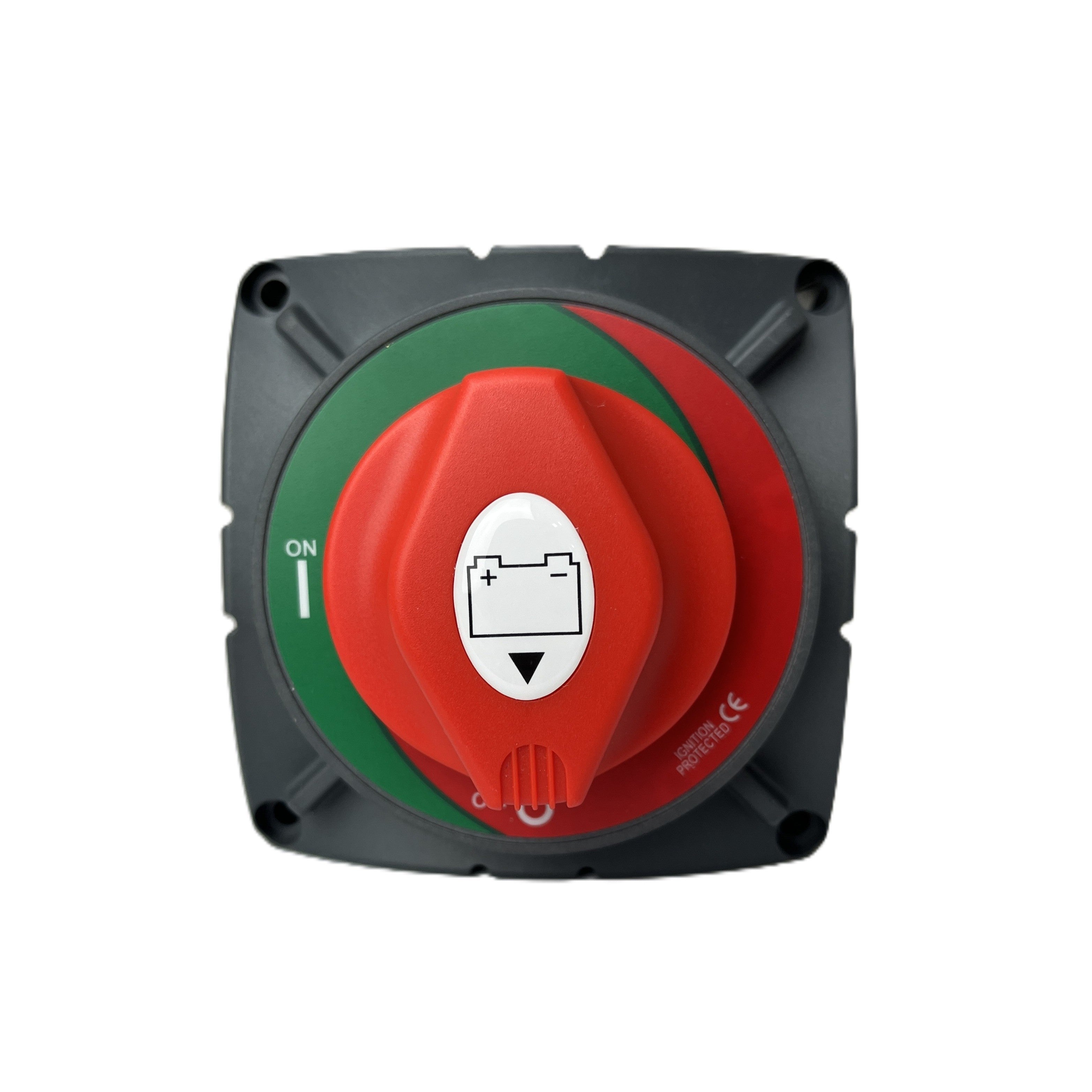 The Sherpa 4x4 Winch Isolation Switch features a red rotary handle with ON/OFF labels and battery symbol, mounted on a black and green base—easy to install for enhanced vehicle safety.