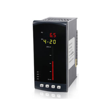 The Scintex Digital Level Display Controller is a black industrial device for water level monitoring, showing 6.5 in red, 4-20 in yellow, has four white buttons below, and features a vertical LED bar graph on the front panel.