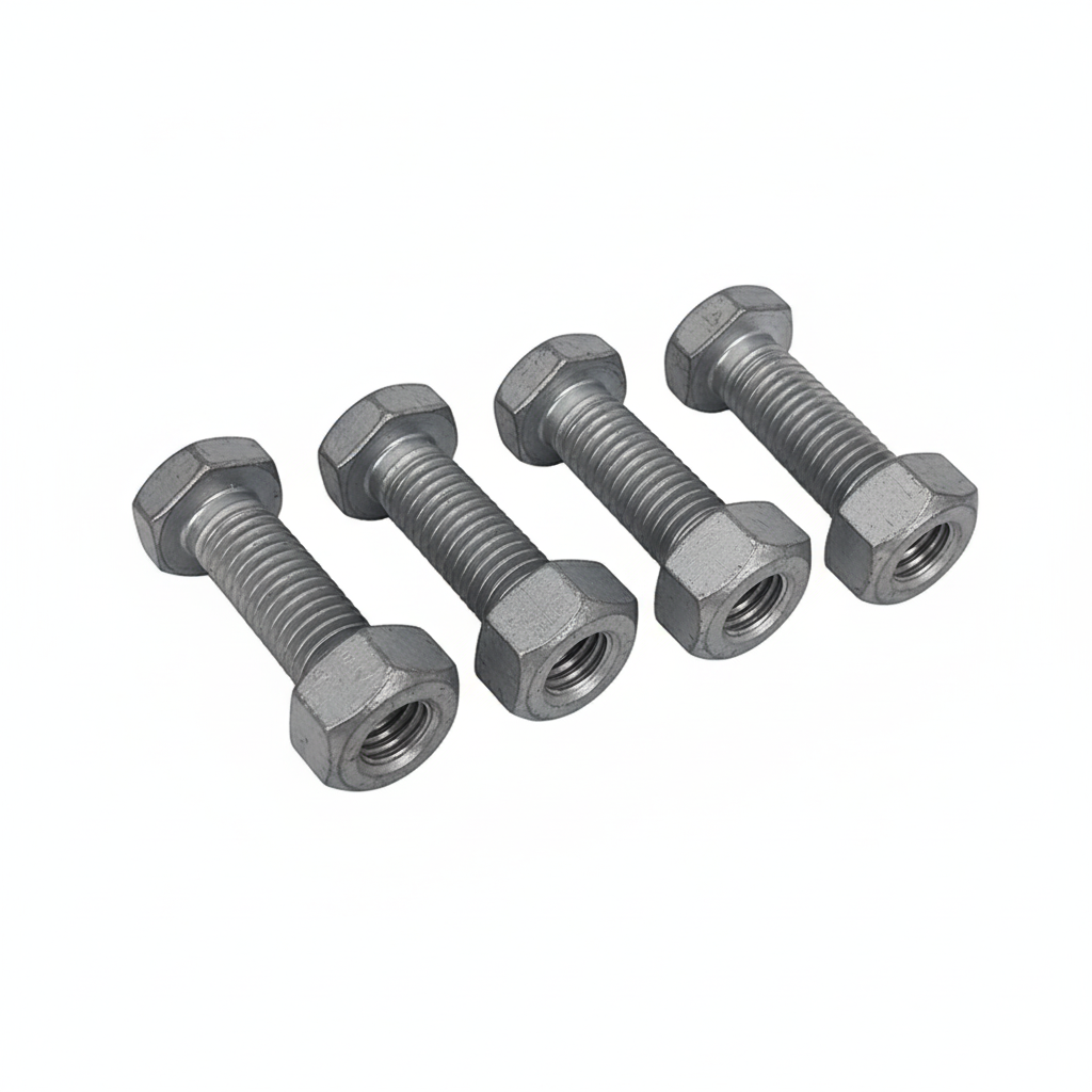 Four Sherpa 4x4 Winch Mounting Bolts and Nuts (4 pack) from Sherpa 4x4 are arranged diagonally on a white background—ideal replacements for M10 bolts and nuts.