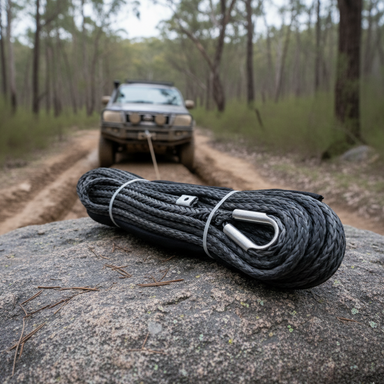 A Sherpa 4x4 Synthetic Winch Rope lies coiled on a rock, connected to a 4WD vehicle in the forest, offering reliable and lightweight off-road recovery.