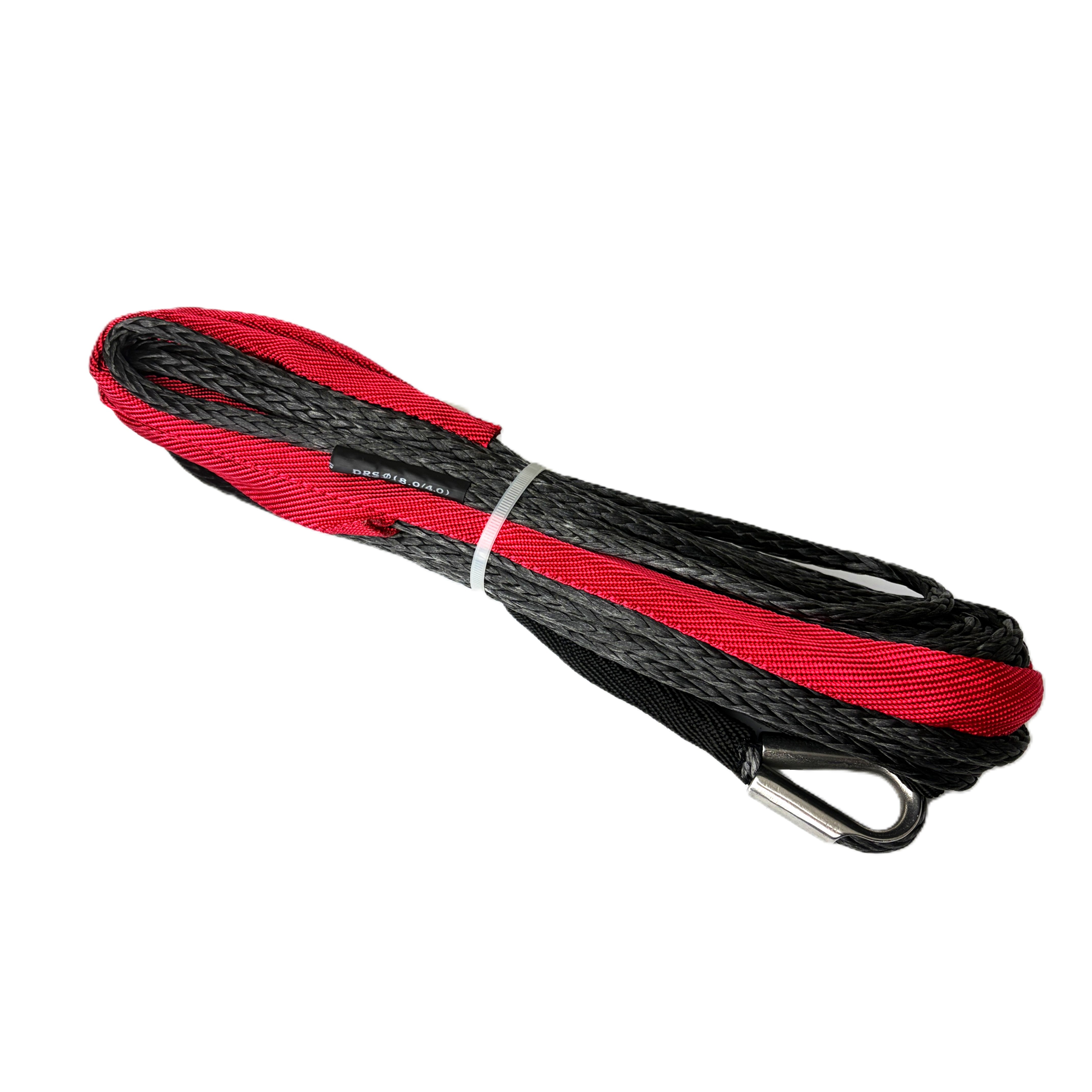 The Sherpa 4x4 Sherpa Synthetic Winch Rope is a coiled black rope with a red protective sleeve and metal hook, secured by a white zip tie, on a white background. This lightweight winch cable is durable and reliable for heavy-duty use.