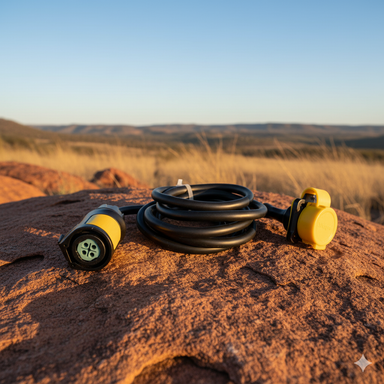 A Sherpa 4x4 Remote Plug Mounting Kit by Scintex rests on a reddish rock in open grassland, with distant hills and a clear sky in the background.