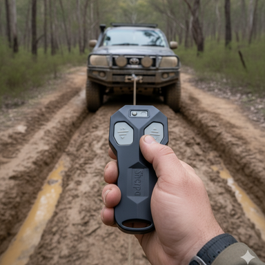 A hand uses the Sherpa 4x4 Wireless Receiver & Remote by Sherpa 4x4 to operate a winch on an off-road vehicle stuck in mud on a forest trail, surrounded by trees and dirt.